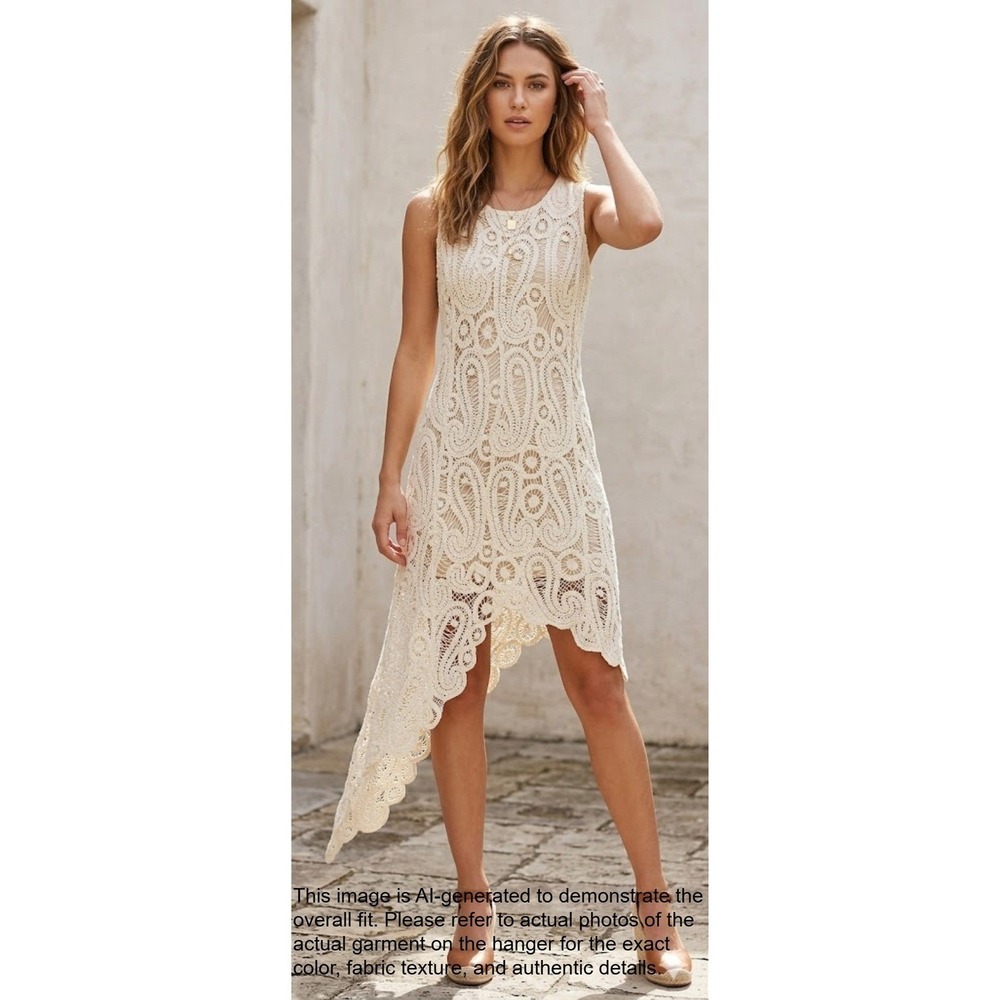 Cream Crochet Paisley Cotton Asymmetrical Dress XL Sleeveless Boho Beach Coastal